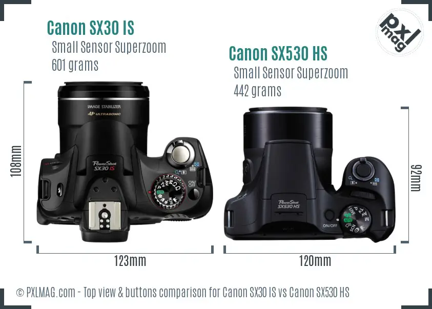 Canon SX30 IS vs Canon SX530 HS top view buttons comparison