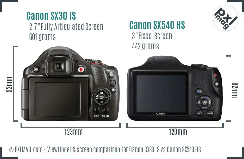 Canon SX30 IS vs Canon SX540 HS Screen and Viewfinder comparison
