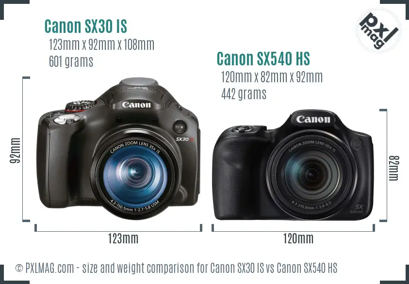 Canon SX30 IS vs Canon SX540 HS size comparison