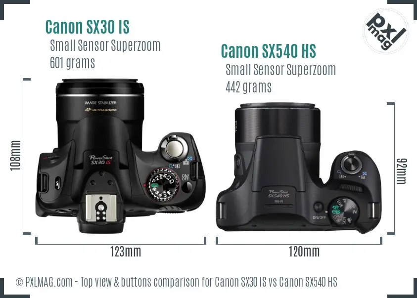 Canon SX30 IS vs Canon SX540 HS top view buttons comparison