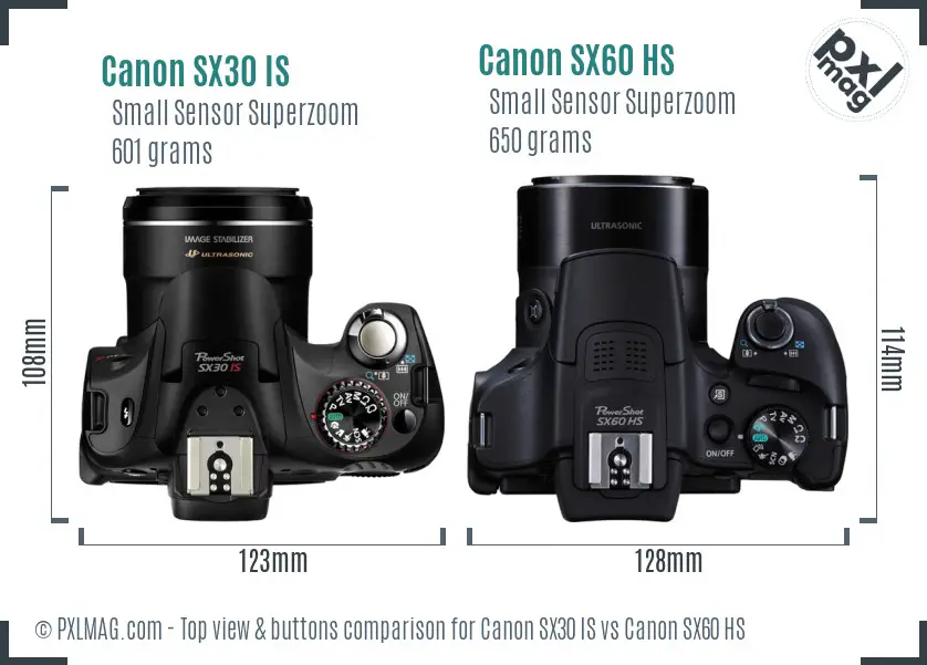 Canon SX30 IS vs Canon SX60 HS top view buttons comparison