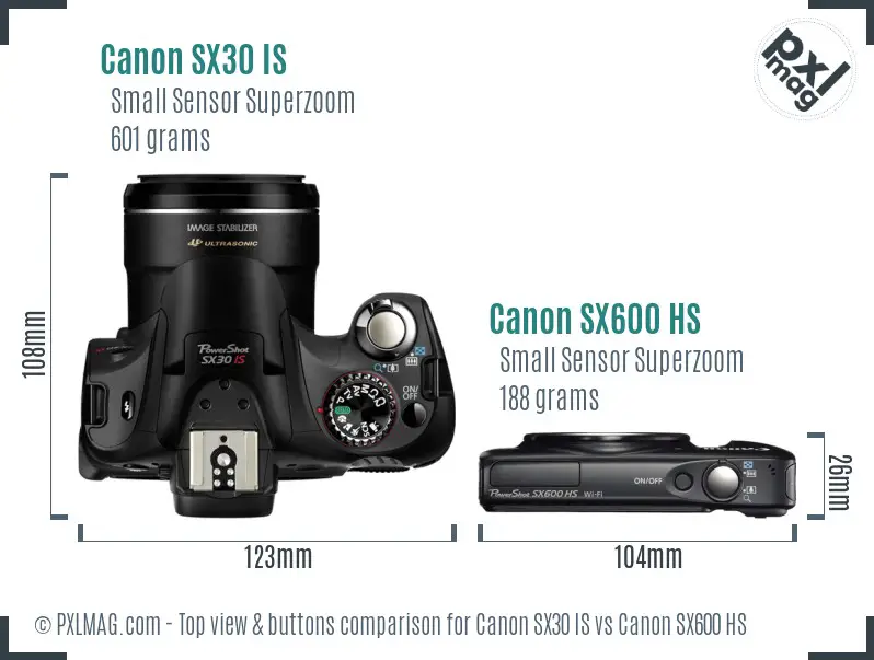 Canon SX30 IS vs Canon SX600 HS top view buttons comparison