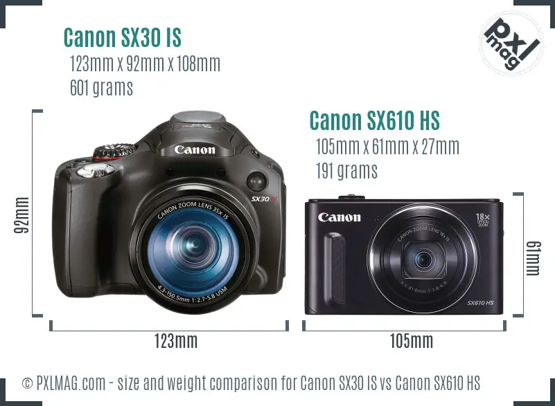 Canon SX30 IS vs Canon SX610 HS size comparison