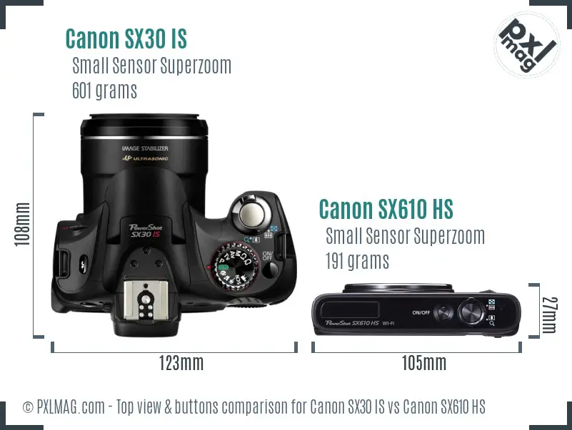 Canon SX30 IS vs Canon SX610 HS top view buttons comparison