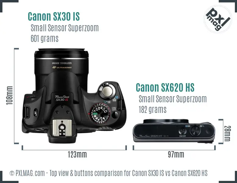 Canon SX30 IS vs Canon SX620 HS top view buttons comparison