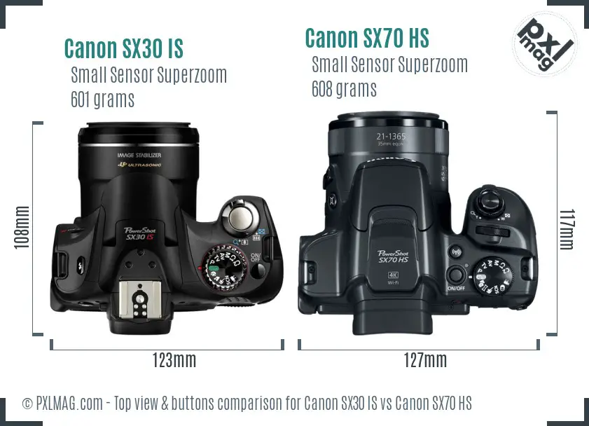 Canon SX30 IS vs Canon SX70 HS top view buttons comparison