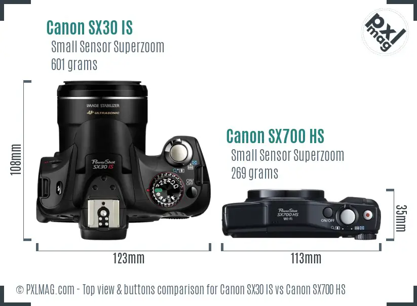 Canon SX30 IS vs Canon SX700 HS top view buttons comparison