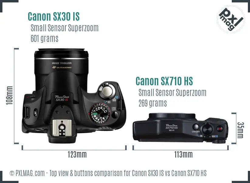 Canon SX30 IS vs Canon SX710 HS top view buttons comparison