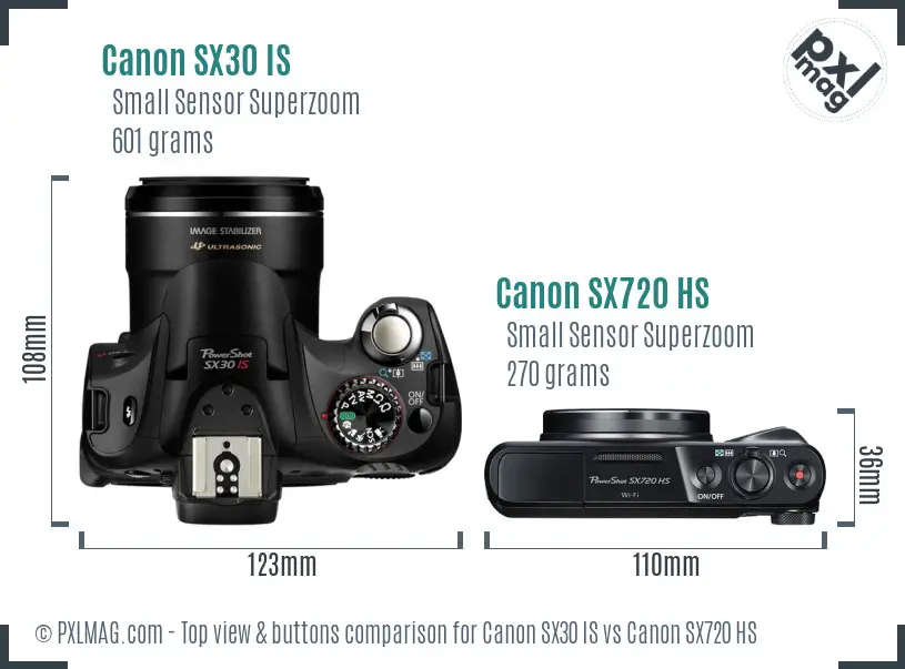 Canon SX30 IS vs Canon SX720 HS top view buttons comparison