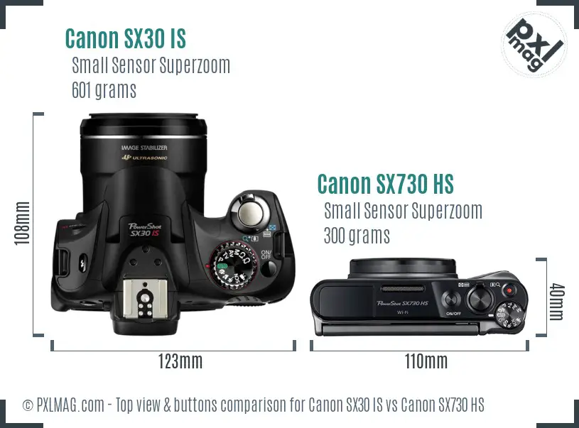 Canon SX30 IS vs Canon SX730 HS top view buttons comparison