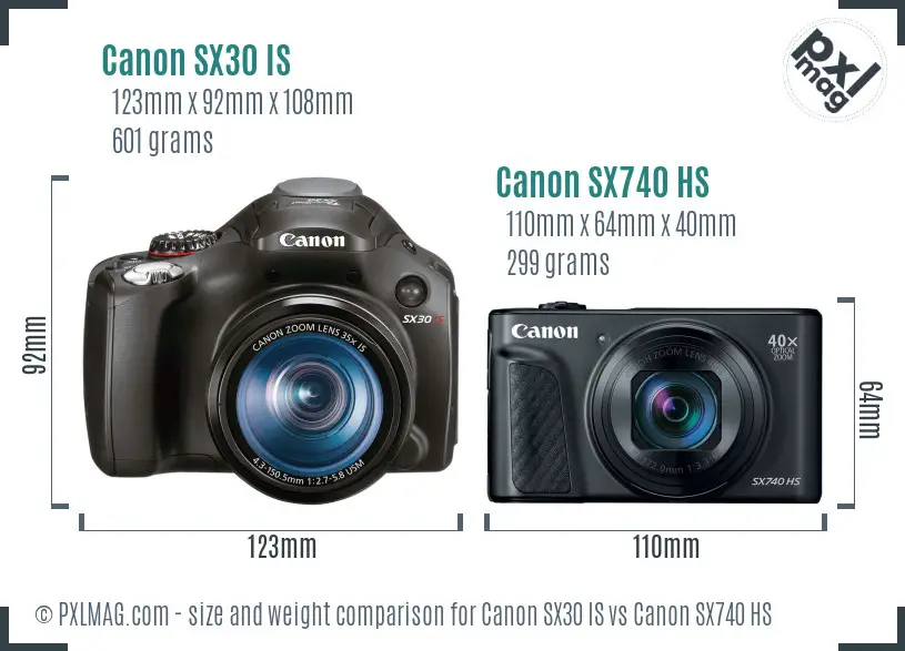 Canon SX30 IS vs Canon SX740 HS size comparison