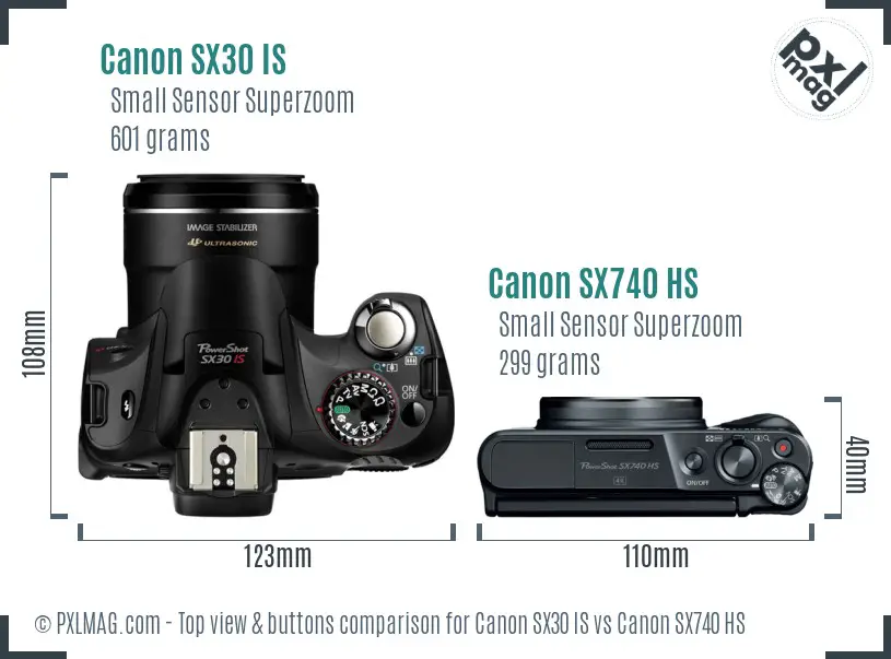 Canon SX30 IS vs Canon SX740 HS top view buttons comparison