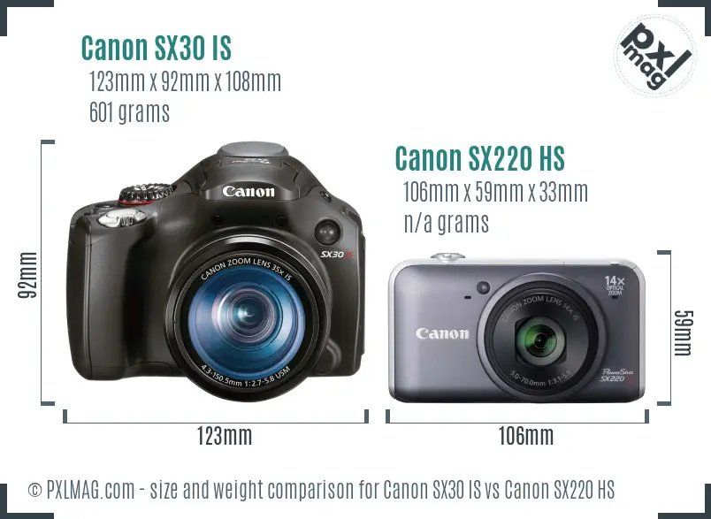 Canon SX30 IS vs Canon SX220 HS size comparison