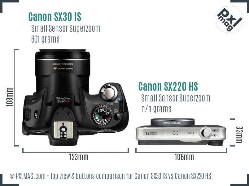 Canon SX30 IS vs Canon SX220 HS top view buttons comparison