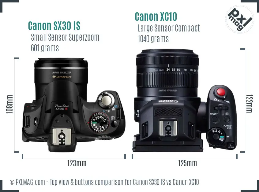 Canon SX30 IS vs Canon XC10 top view buttons comparison