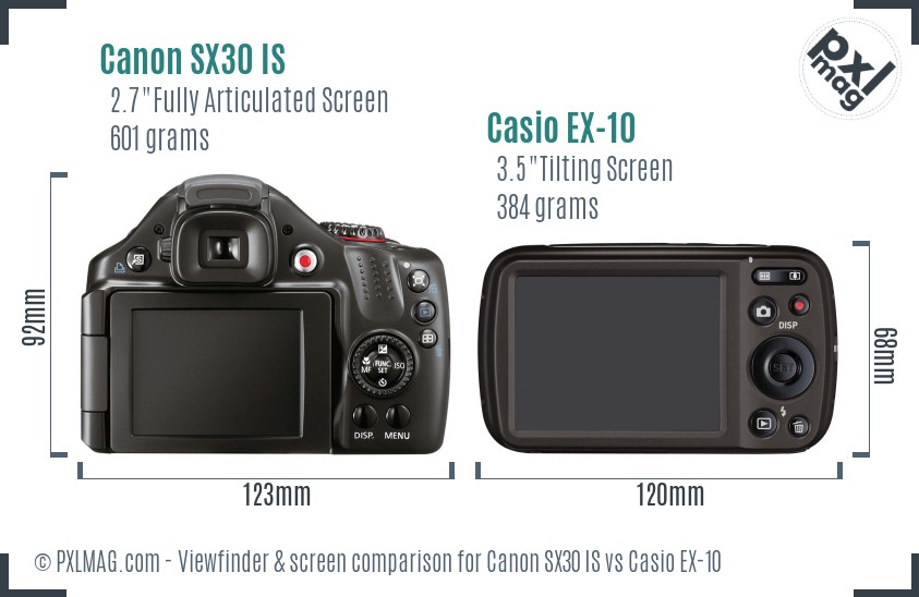 Canon SX30 IS vs Casio EX-10 Screen and Viewfinder comparison