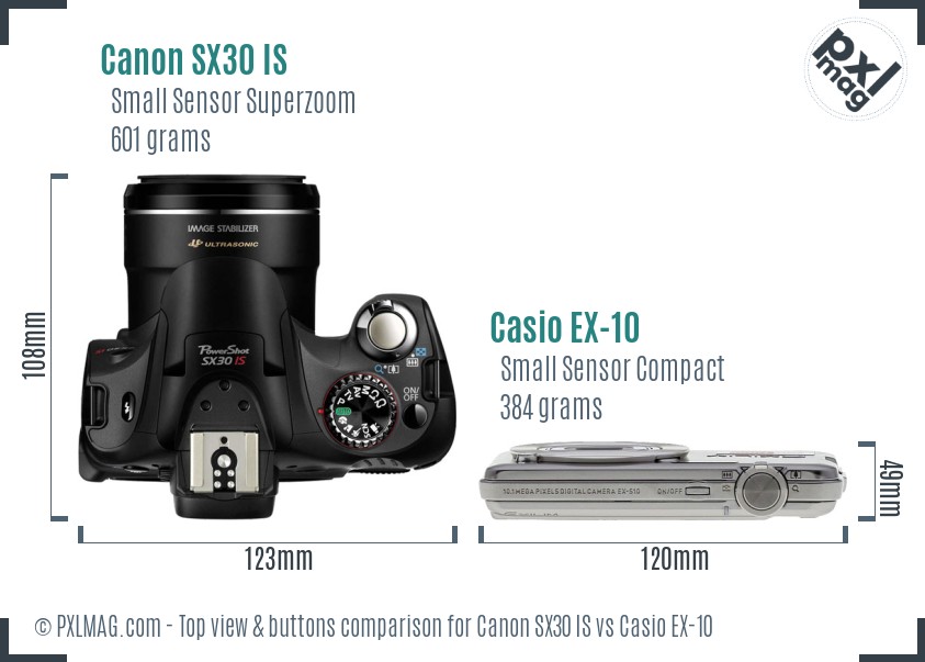 Canon SX30 IS vs Casio EX-10 top view buttons comparison