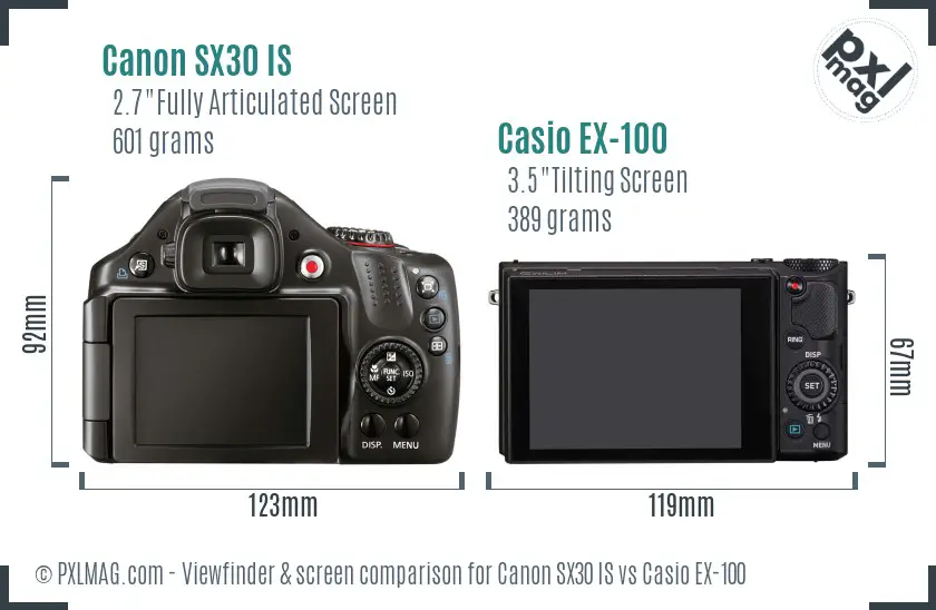 Canon SX30 IS vs Casio EX-100 Screen and Viewfinder comparison