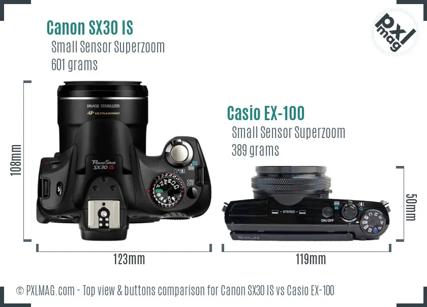 Canon SX30 IS vs Casio EX-100 top view buttons comparison