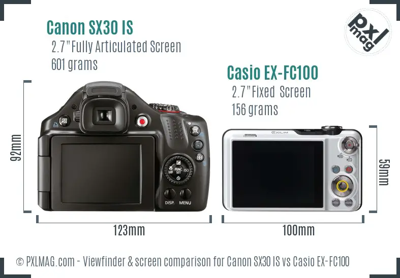 Canon SX30 IS vs Casio EX-FC100 Screen and Viewfinder comparison