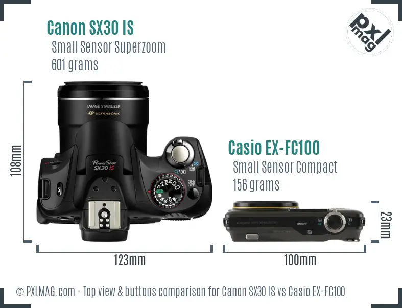 Canon SX30 IS vs Casio EX-FC100 top view buttons comparison