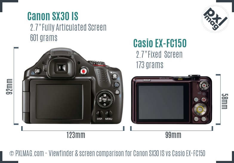 Canon SX30 IS vs Casio EX-FC150 Screen and Viewfinder comparison