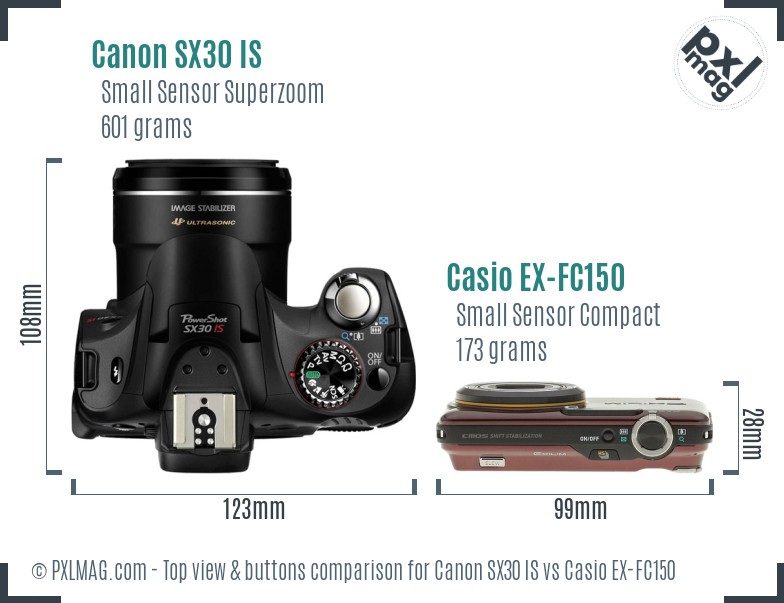 Canon SX30 IS vs Casio EX-FC150 top view buttons comparison