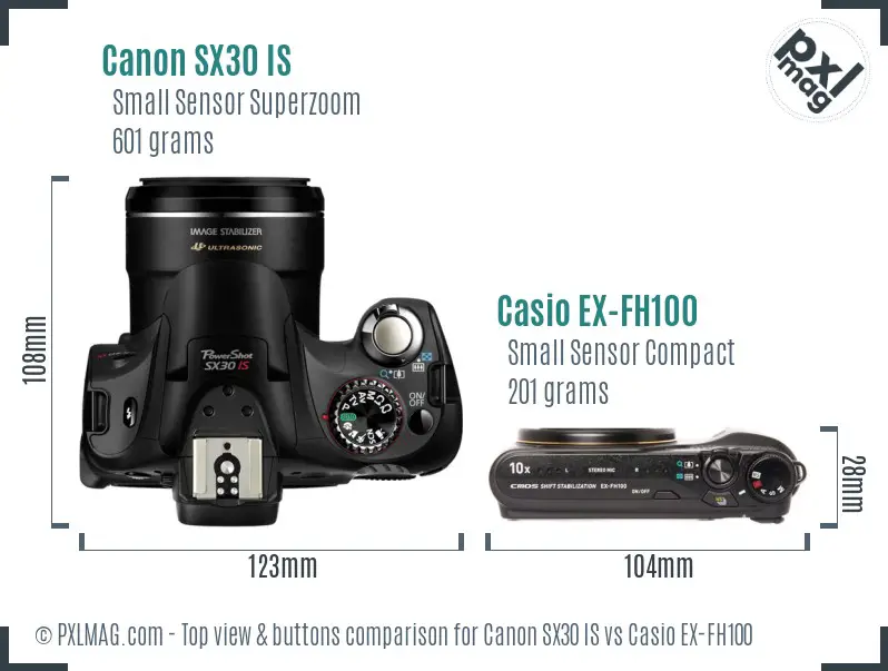 Canon SX30 IS vs Casio EX-FH100 top view buttons comparison