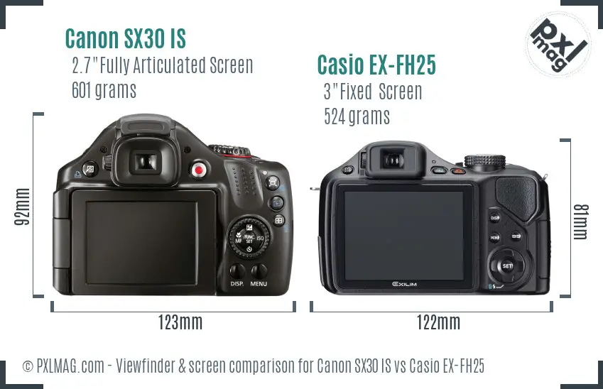 Canon SX30 IS vs Casio EX-FH25 Screen and Viewfinder comparison