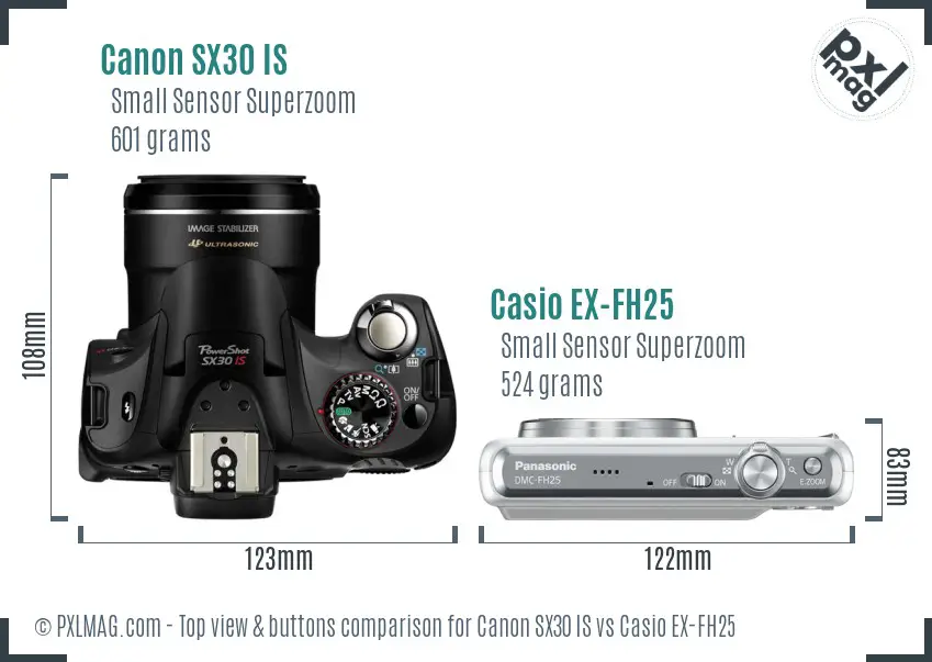 Canon SX30 IS vs Casio EX-FH25 top view buttons comparison