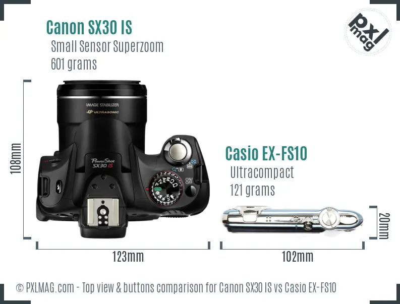 Canon SX30 IS vs Casio EX-FS10 top view buttons comparison