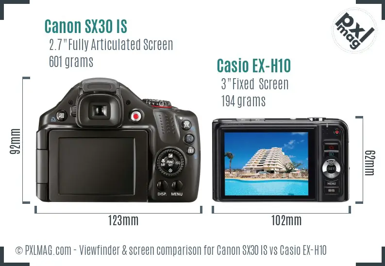 Canon SX30 IS vs Casio EX-H10 Screen and Viewfinder comparison