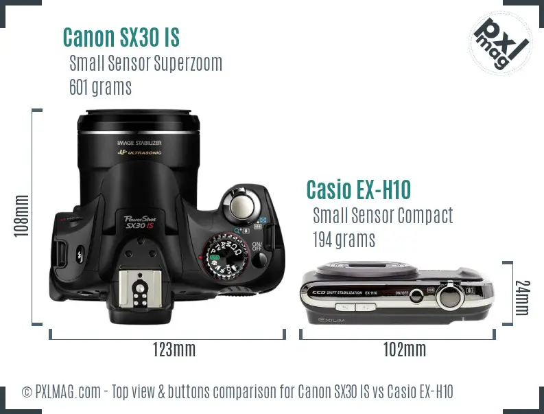 Canon SX30 IS vs Casio EX-H10 top view buttons comparison