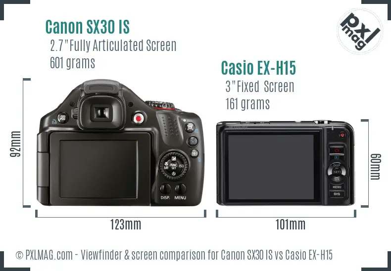 Canon SX30 IS vs Casio EX-H15 Screen and Viewfinder comparison