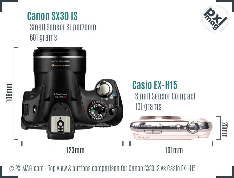 Canon SX30 IS vs Casio EX-H15 top view buttons comparison