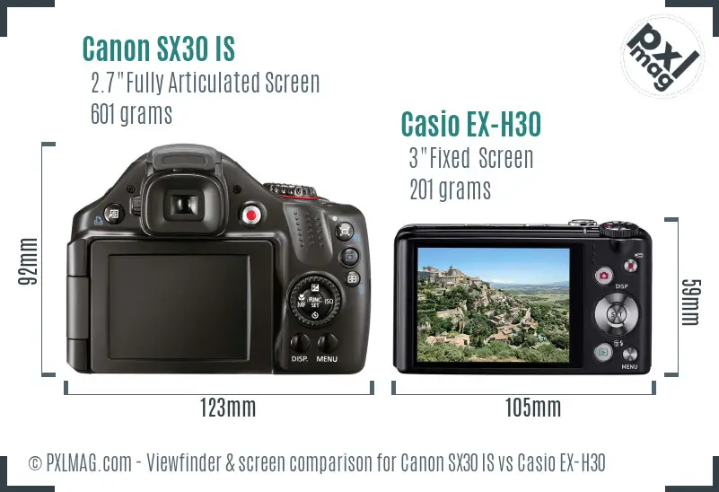 Canon SX30 IS vs Casio EX-H30 Screen and Viewfinder comparison