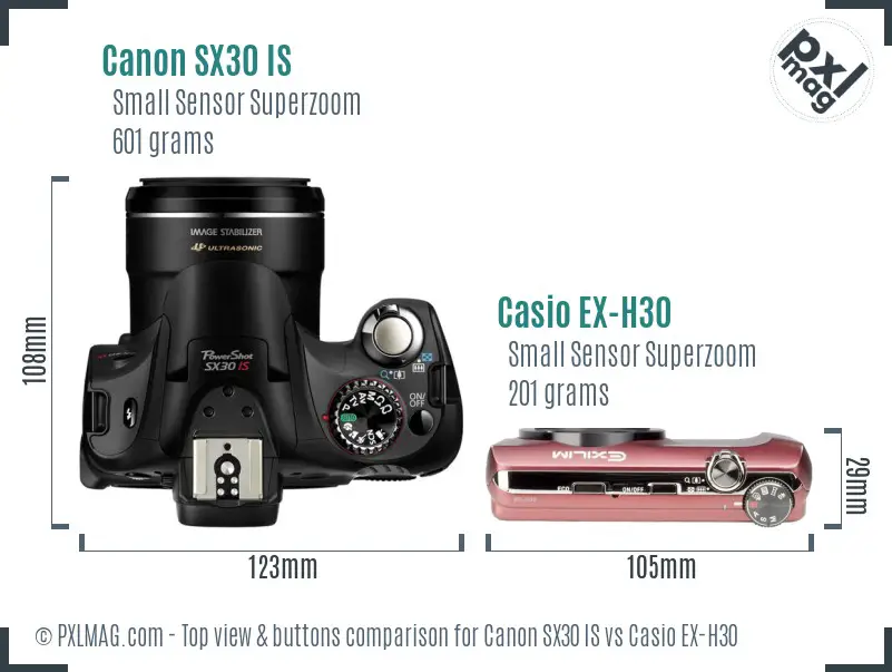 Canon SX30 IS vs Casio EX-H30 top view buttons comparison