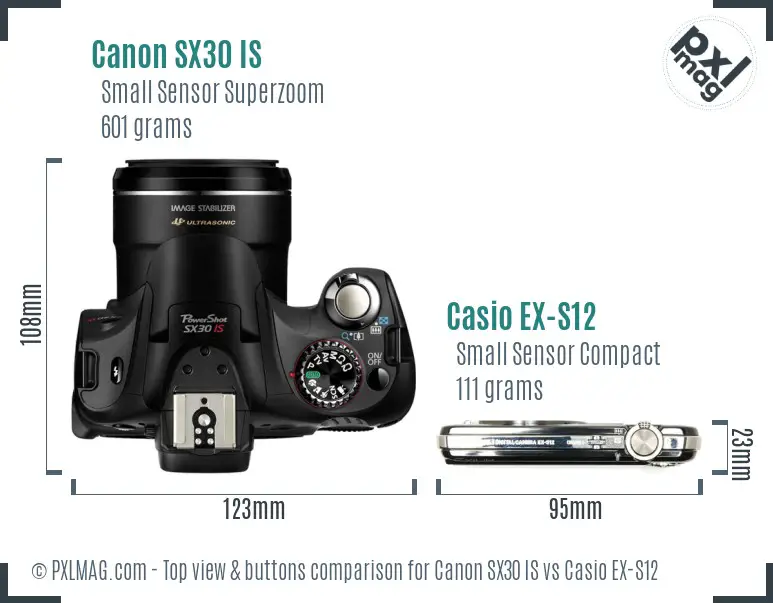 Canon SX30 IS vs Casio EX-S12 top view buttons comparison