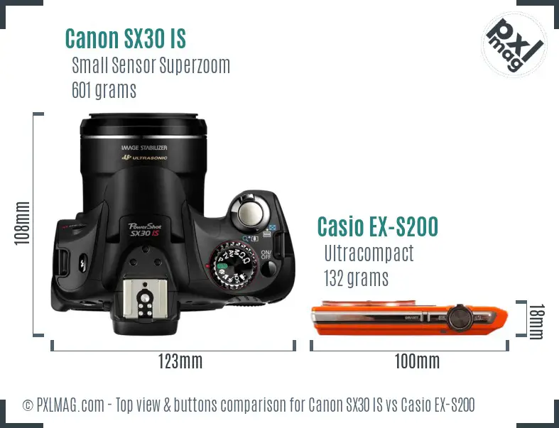 Canon SX30 IS vs Casio EX-S200 top view buttons comparison