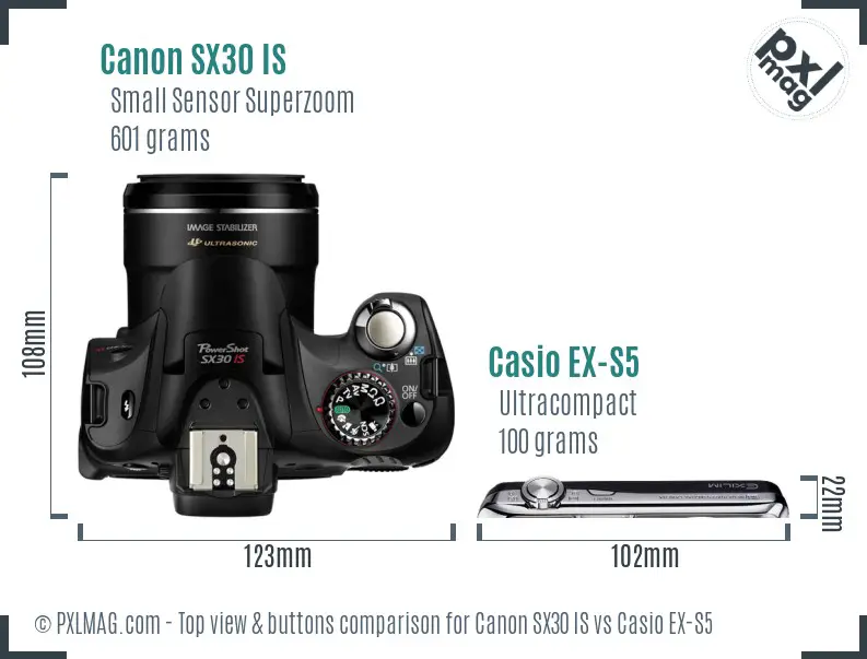 Canon SX30 IS vs Casio EX-S5 top view buttons comparison