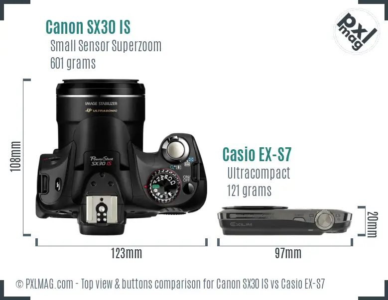 Canon SX30 IS vs Casio EX-S7 top view buttons comparison