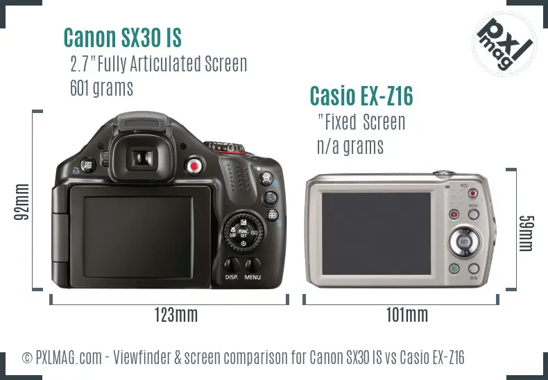 Canon SX30 IS vs Casio EX-Z16 Screen and Viewfinder comparison