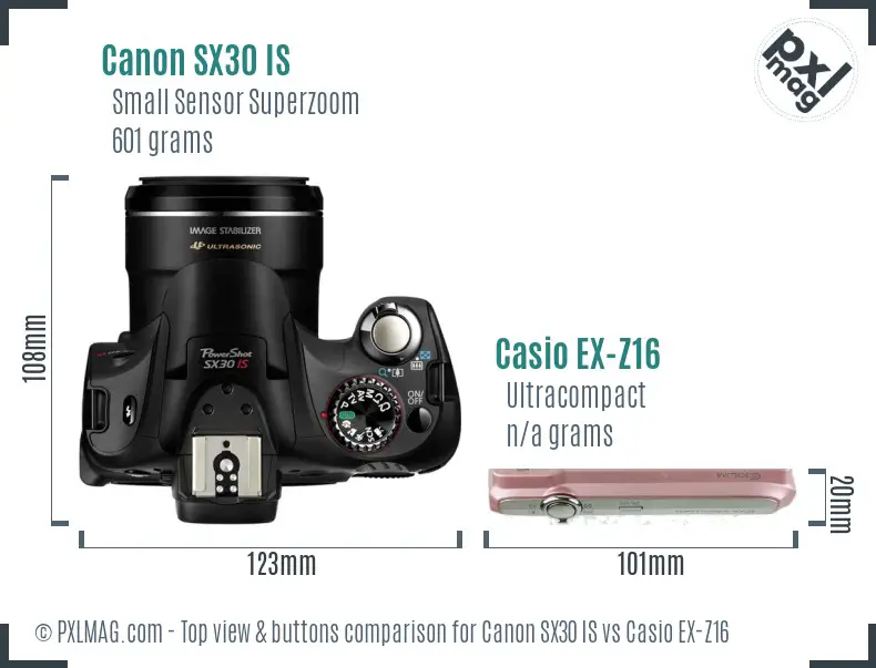 Canon SX30 IS vs Casio EX-Z16 top view buttons comparison