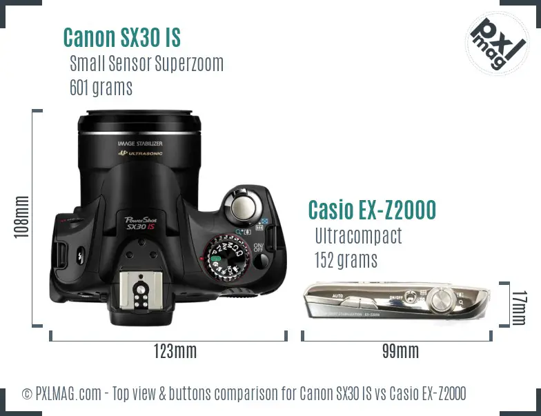 Canon SX30 IS vs Casio EX-Z2000 top view buttons comparison