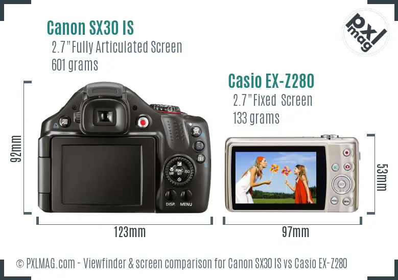 Canon SX30 IS vs Casio EX-Z280 Screen and Viewfinder comparison