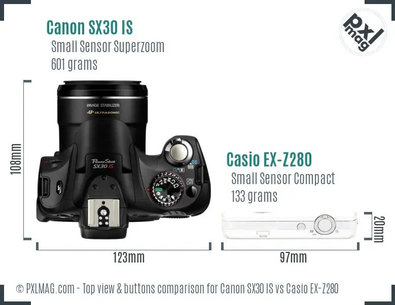 Canon SX30 IS vs Casio EX-Z280 top view buttons comparison