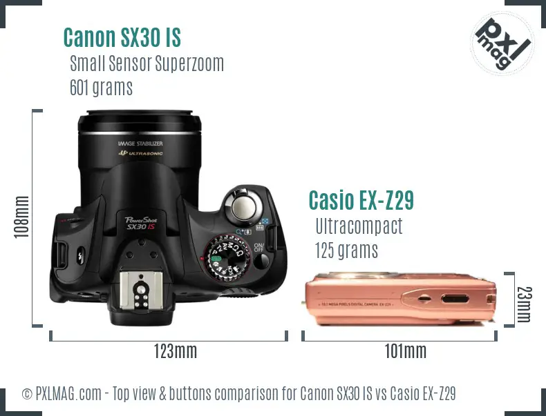 Canon SX30 IS vs Casio EX-Z29 top view buttons comparison