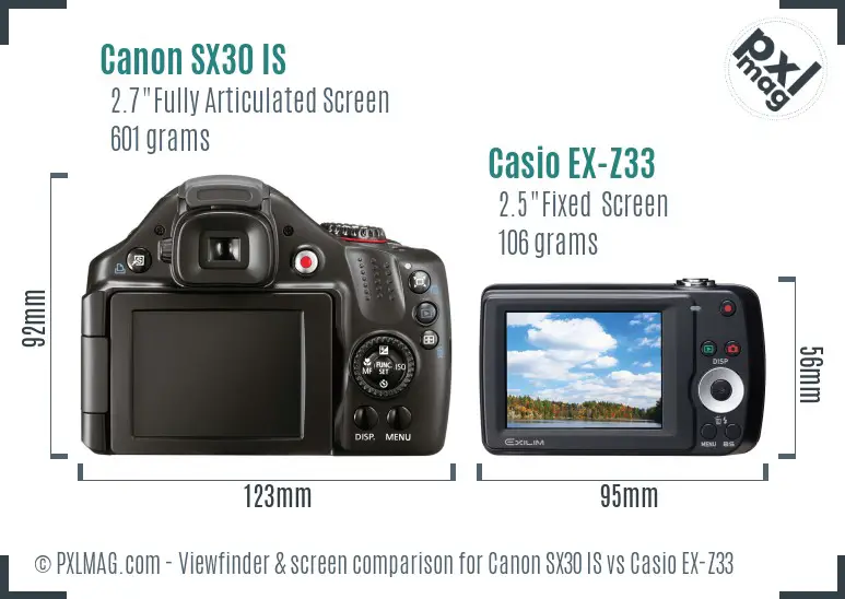 Canon SX30 IS vs Casio EX-Z33 Screen and Viewfinder comparison