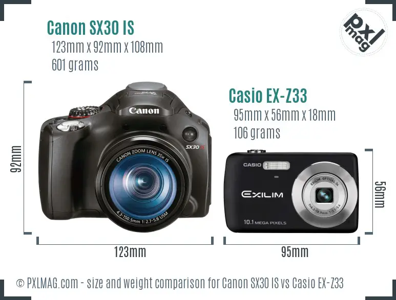 Canon SX30 IS vs Casio EX-Z33 size comparison
