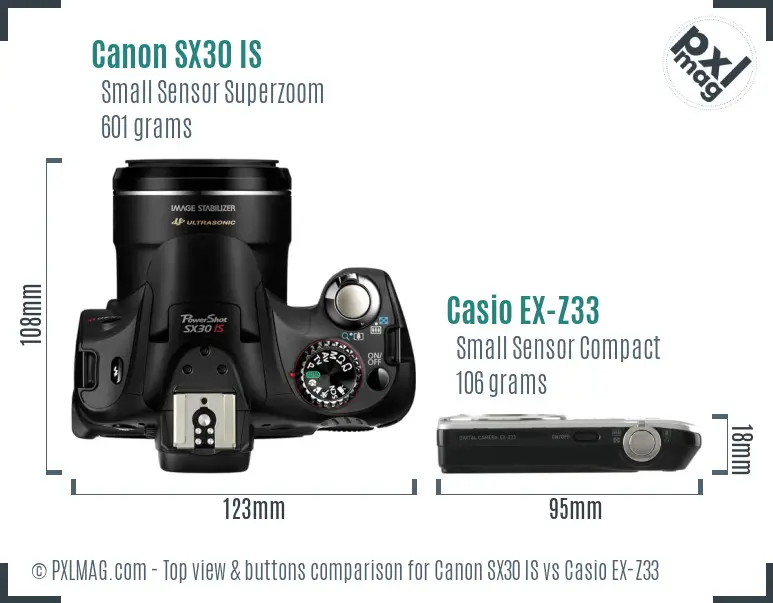 Canon SX30 IS vs Casio EX-Z33 top view buttons comparison